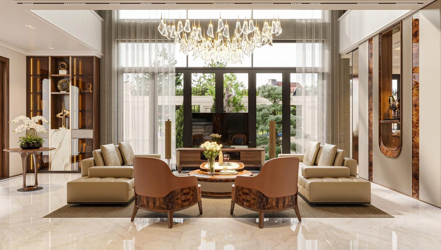 Thiết kế phòng khách đơn giản mà đẹp với kệ tivi gỗ và sofa văng đối xứng