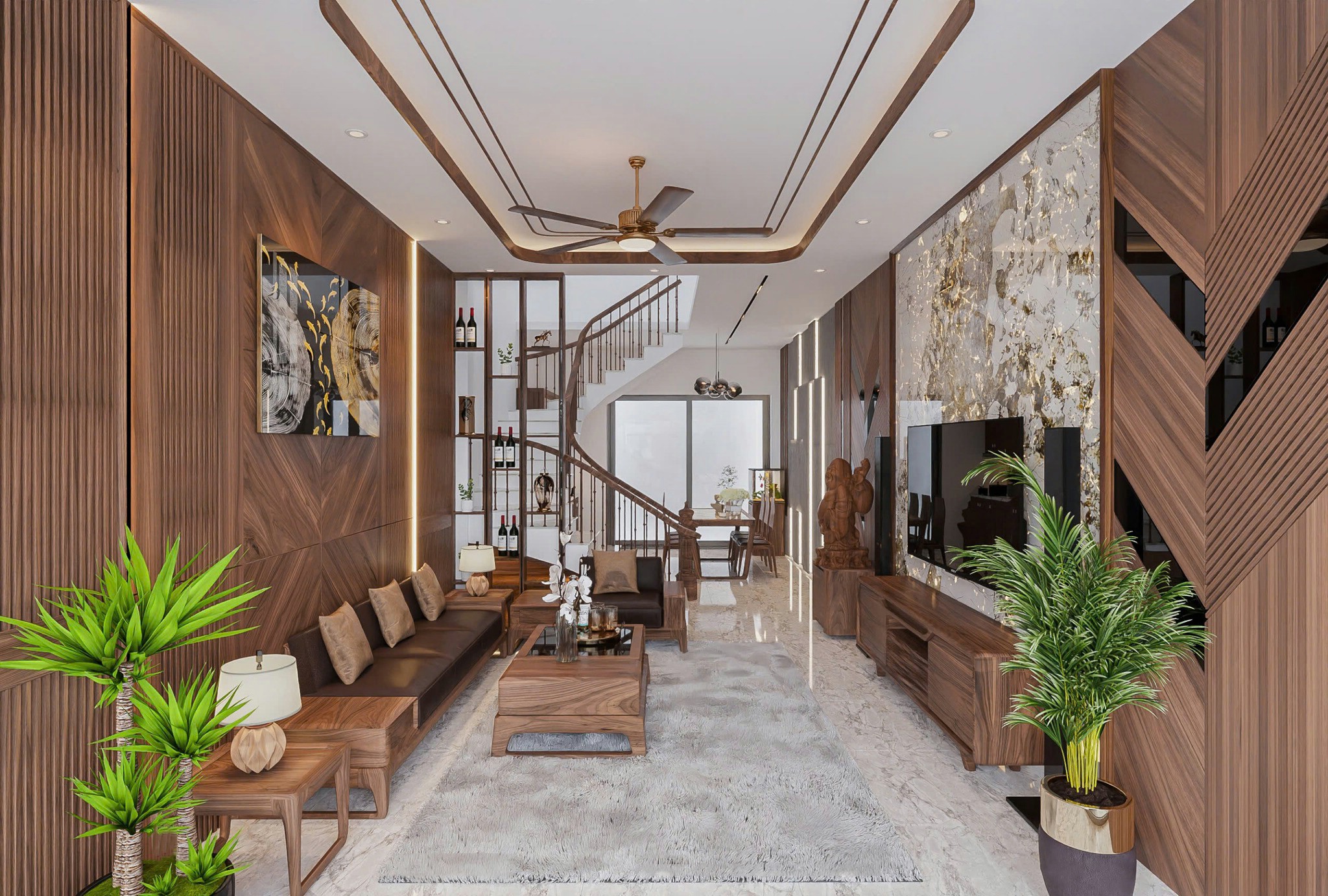 Thiết kế phòng khách nhà ống hiện đại với bàn ghế gỗ óc chó và kệ tivi chữ nhật