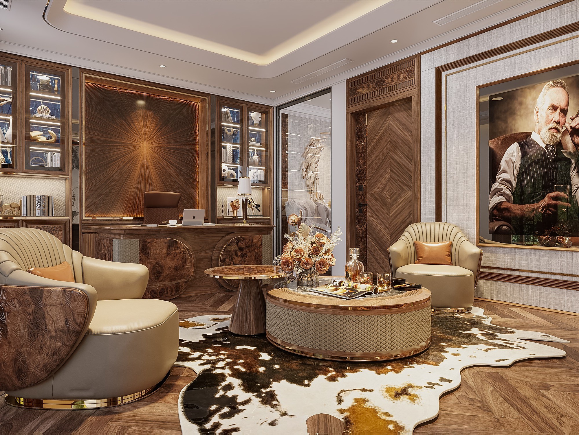 Thiết kế phòng làm việc hiện đại với bàn gỗ nguyên tấm và hệ tủ kệ cao kịch trần