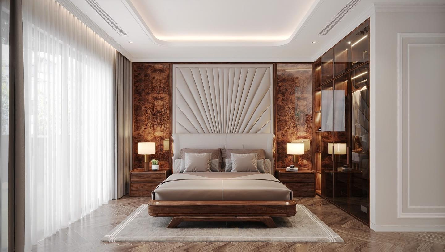 Thiết kế phòng ngủ chung cư hiện đại với giường dáng thấp và tủ quần áo kính âm tường