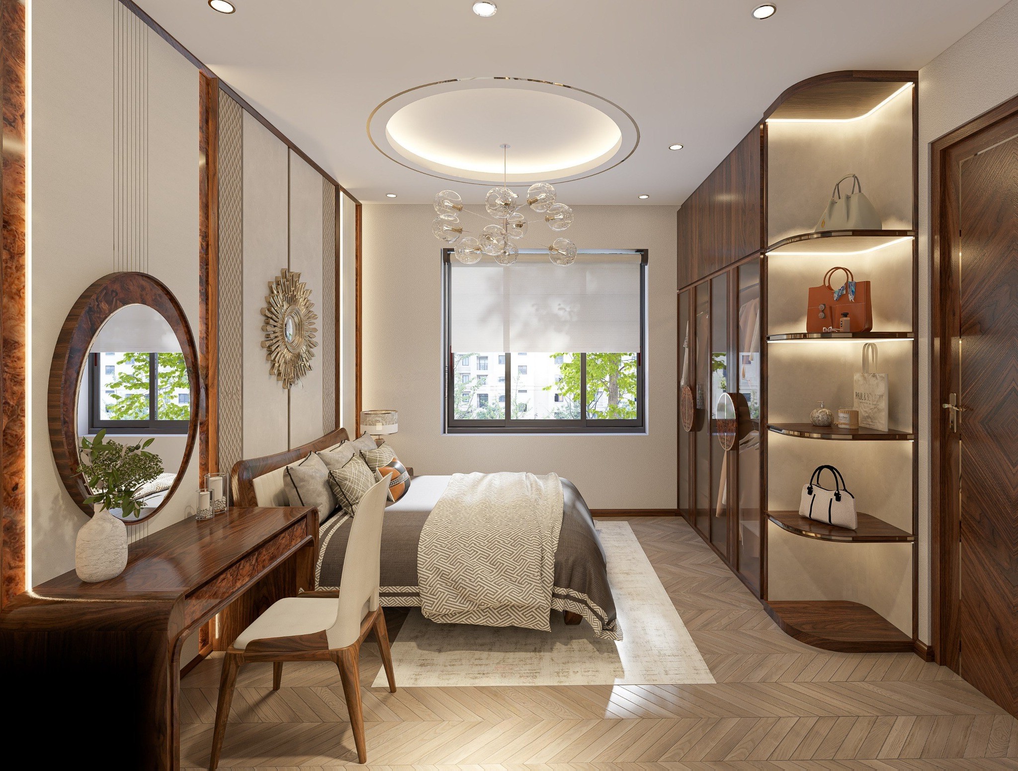 Thiết kế phòng ngủ đẹp cho nữ với tủ quần áo kính, giường gỗ và bàn trang điểm