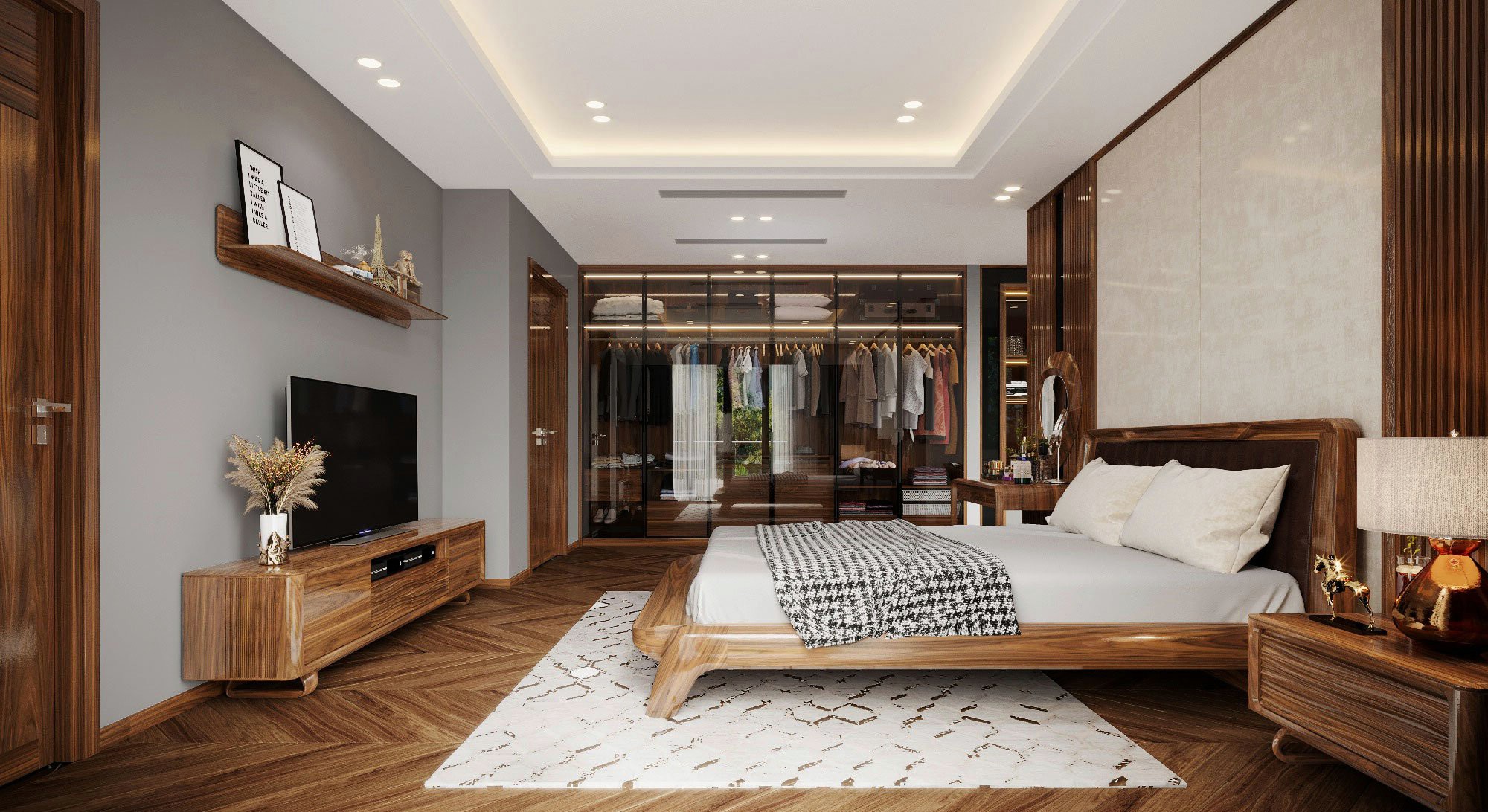 Thiết kế phòng ngủ đẹp sang trọng với giường gỗ óc chó và tủ quần áo kính cao kịch trần