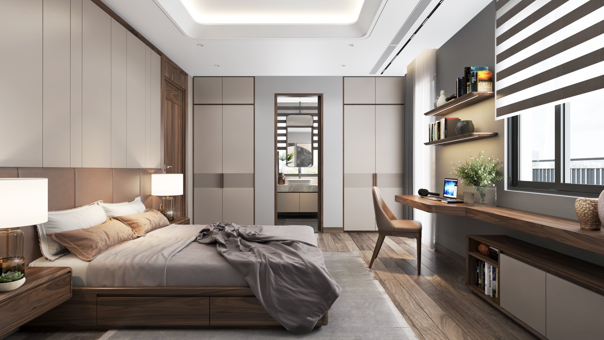 Thiết kế phòng ngủ đơn giản với giường hộp và bàn làm việc treo tường