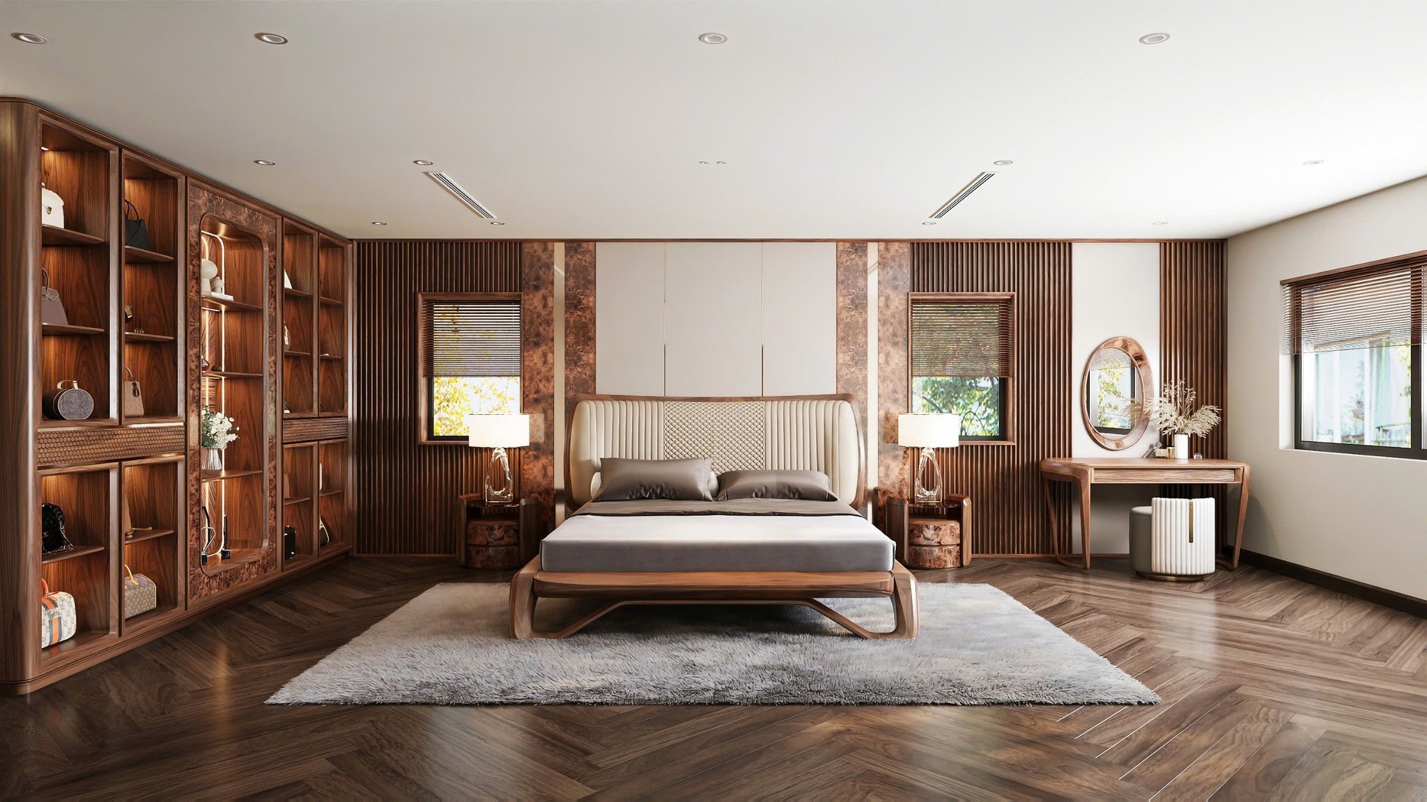 Thiết kế phòng ngủ hiện đại với giường bọc da và kệ trưng bày túi xách lớn