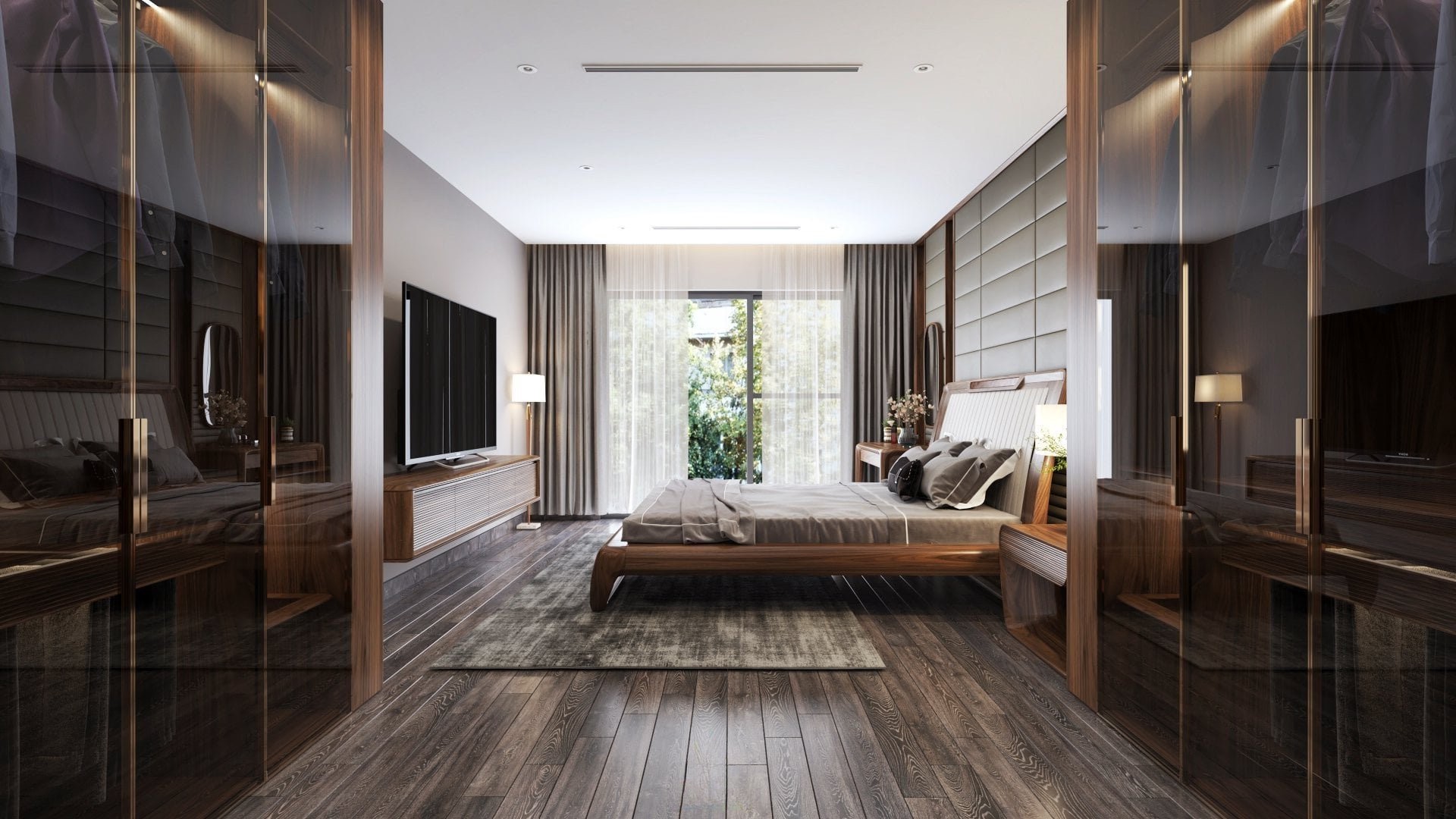 Thiết kế phòng ngủ master hiện đại với giường gỗ dáng thấp và tủ quần áo kính cường lực
