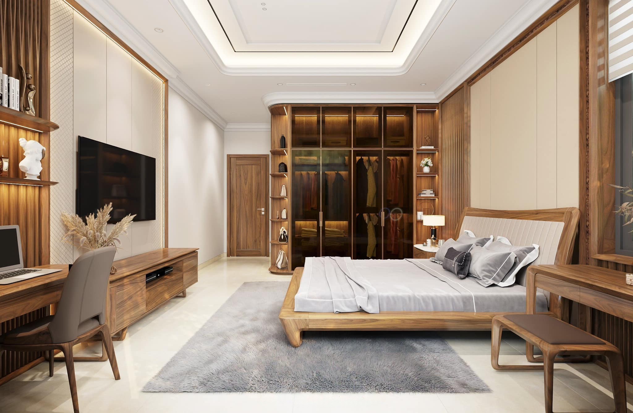 Thiết kế phòng ngủ master hiện đại với giường gỗ chân chữ U và tủ quần áo kính