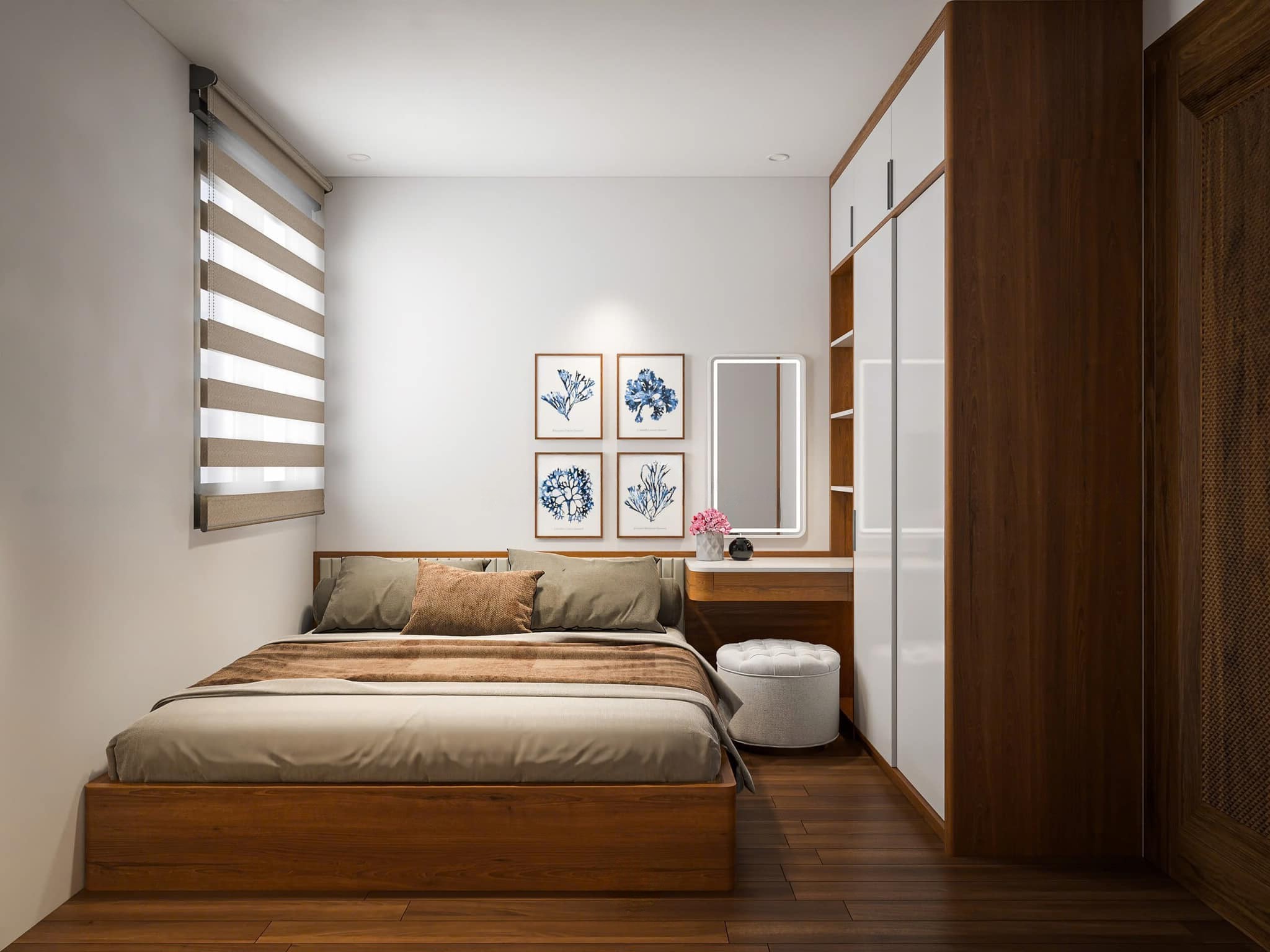 Thiết kế phòng ngủ nhỏ đẹp cho nữ hiện đại với giường gỗ sồi và tủ quần áo cánh lùa