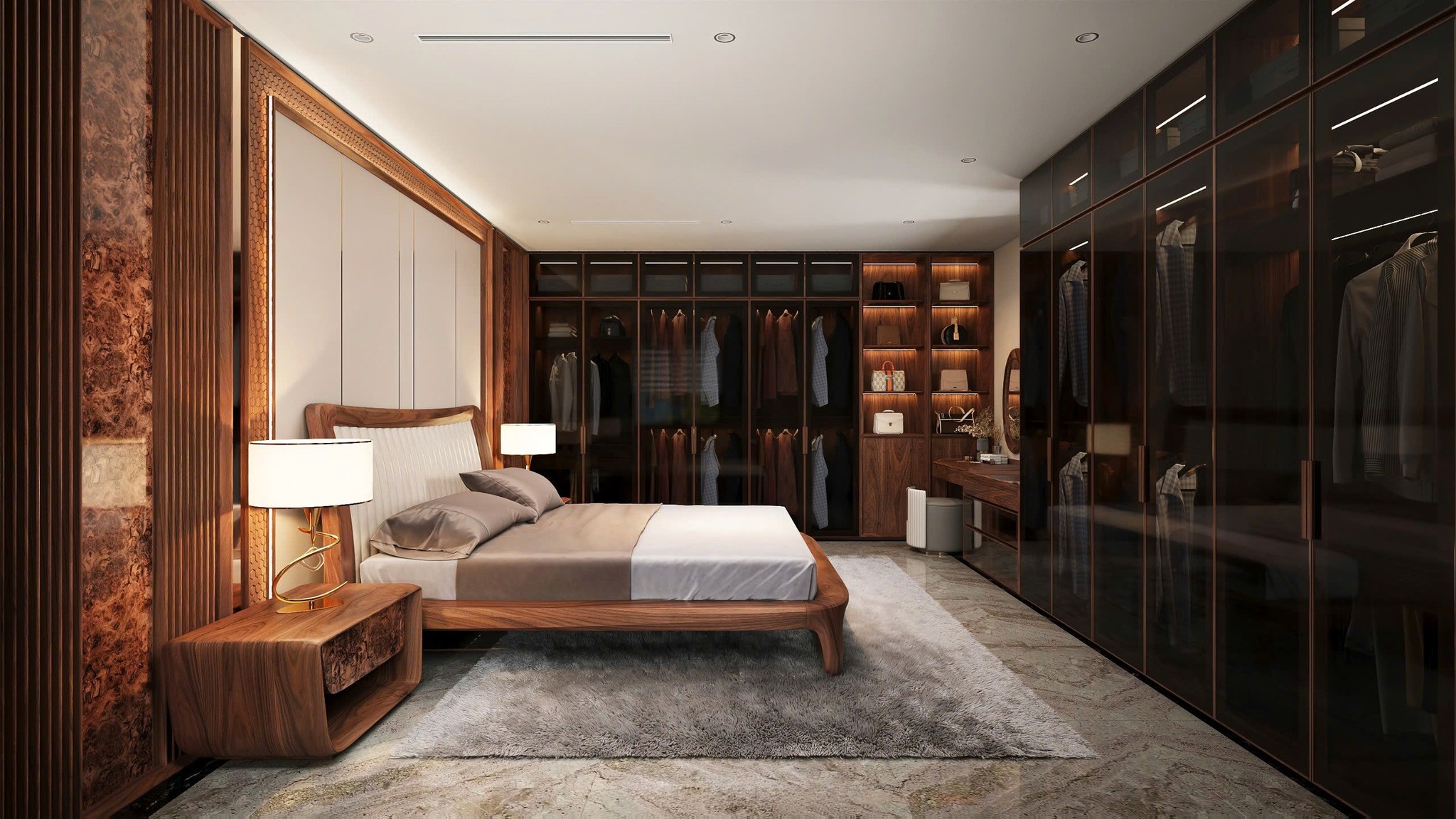 Thiết kế phòng ngủ thông minh với tủ quần áo kính, bàn trang điểm chữ L và giường gỗ ốp lam sóng veneer nu