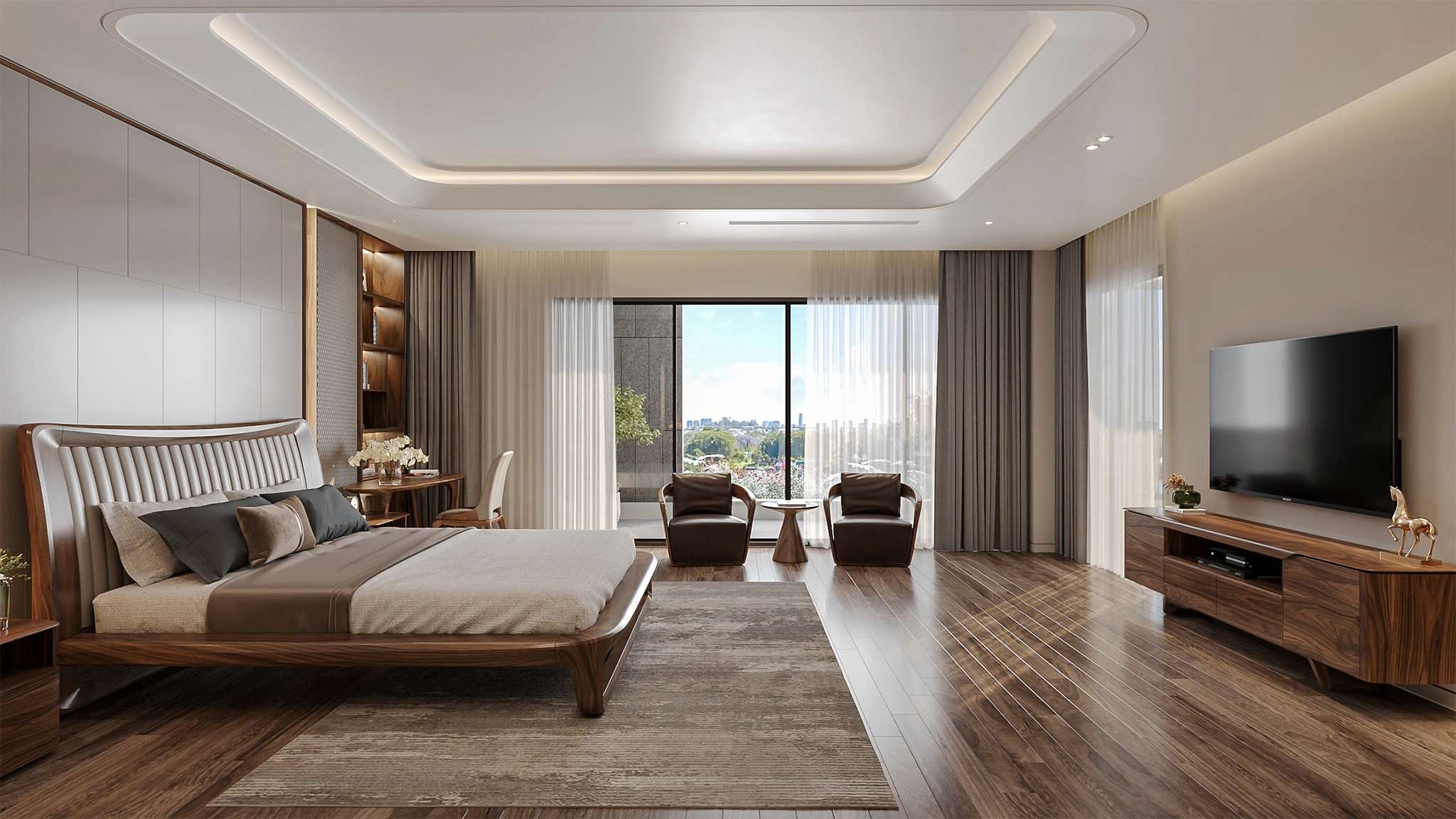 Thiết kế phòng ngủ tối giản 25m2 với giường gỗ bọc da và khu trà nhỏ cạnh logia