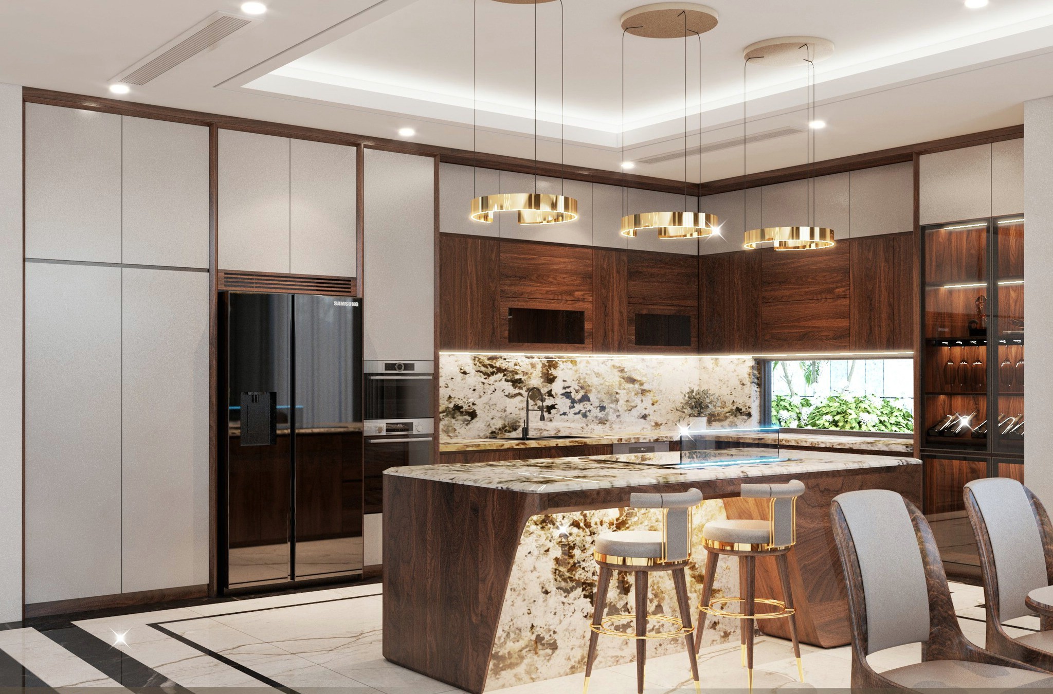 Thiết kế tủ bếp chữ L cao cấp với tủ rượu kính và bàn bar hiện đại