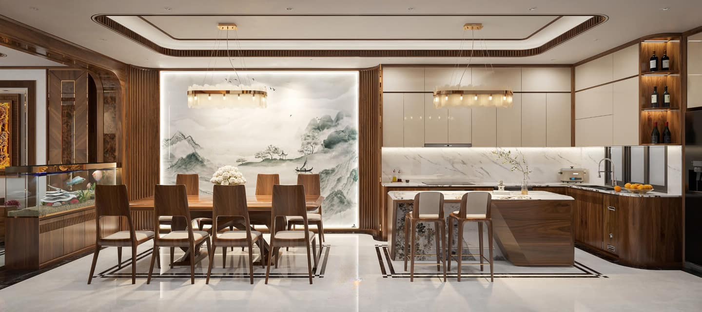 Thiết kế tủ bếp hiện đại dáng chữ L với gỗ acrylic trắng và laminate nâu sẫm