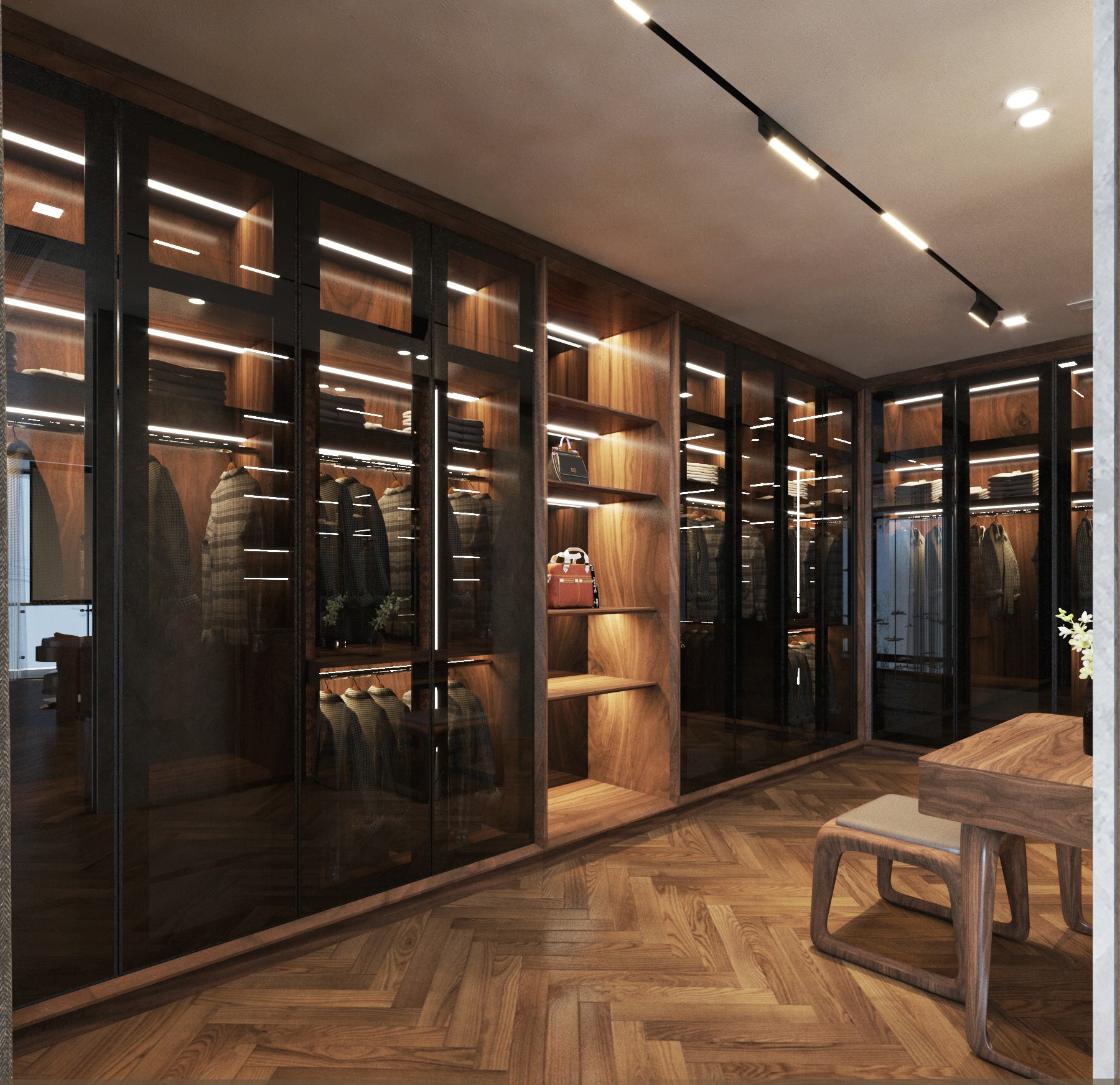 Thiết kế tủ quần áo hiện đại chữ L cao kịch trần cánh kính sang trọng