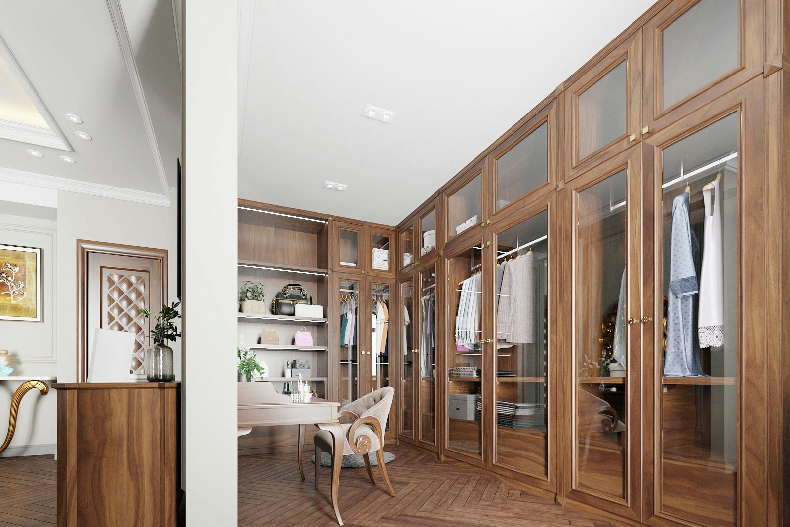 Thiết kế tủ quần áo thông minh kiểu chữ L bằng gỗ óc chó hoặc gỗ sồi tự nhiên hiện đại