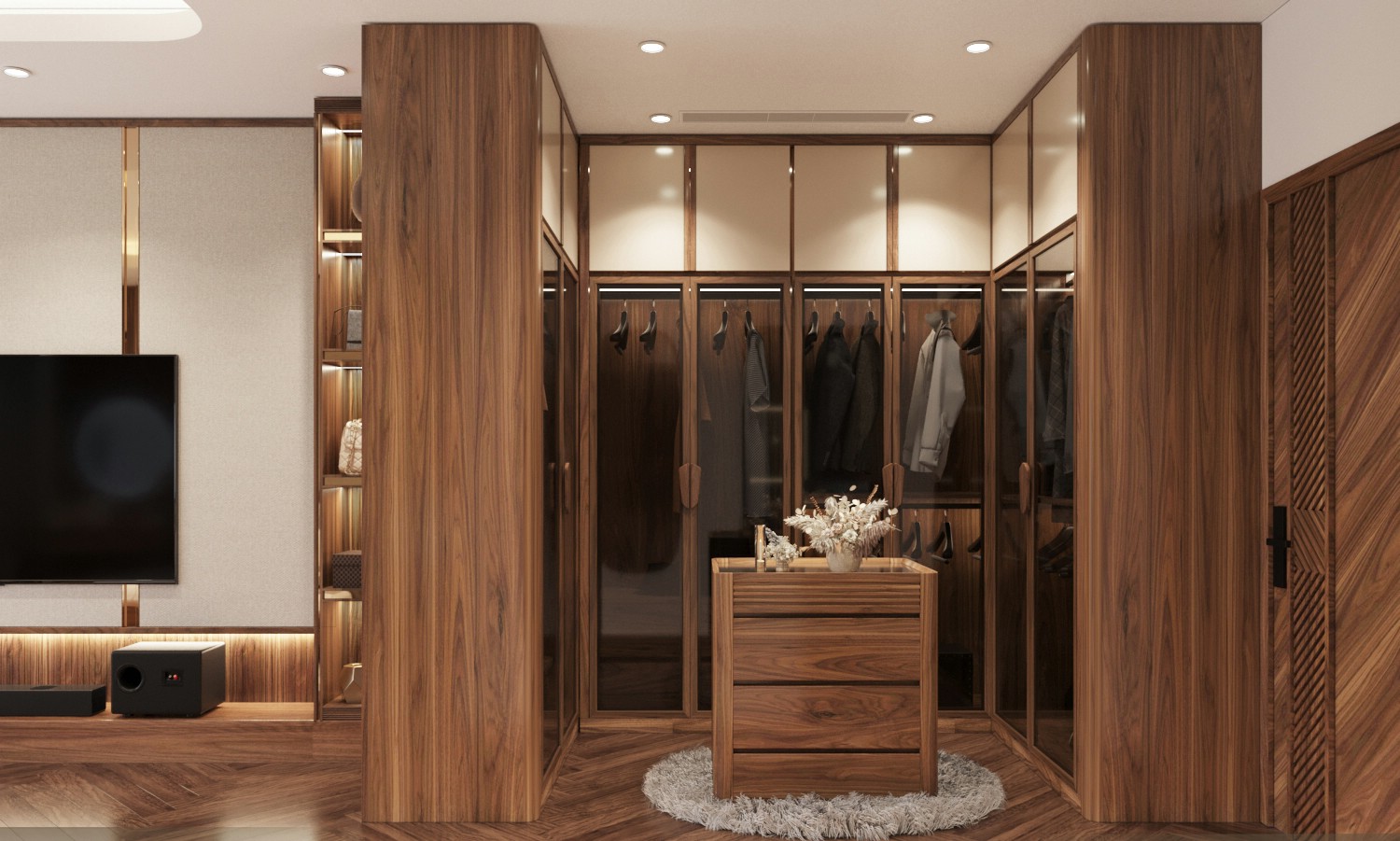 Thiết kế tủ quần áo trong phòng ngủ chữ U với 8 cánh kính và bàn đảo