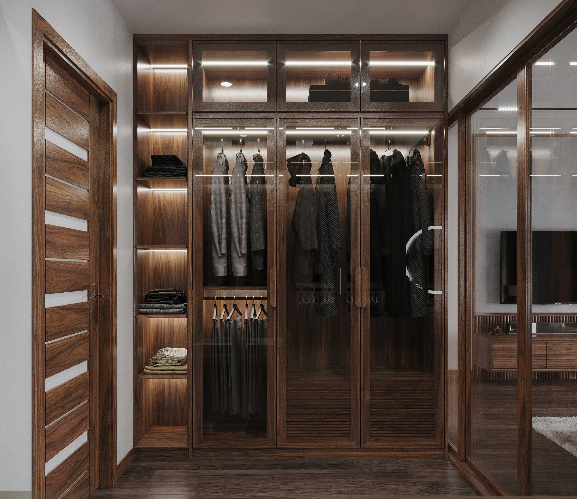Thiết kế tủ quần áo gỗ óc chó 3 cánh kính cao kịch trần hiện đại