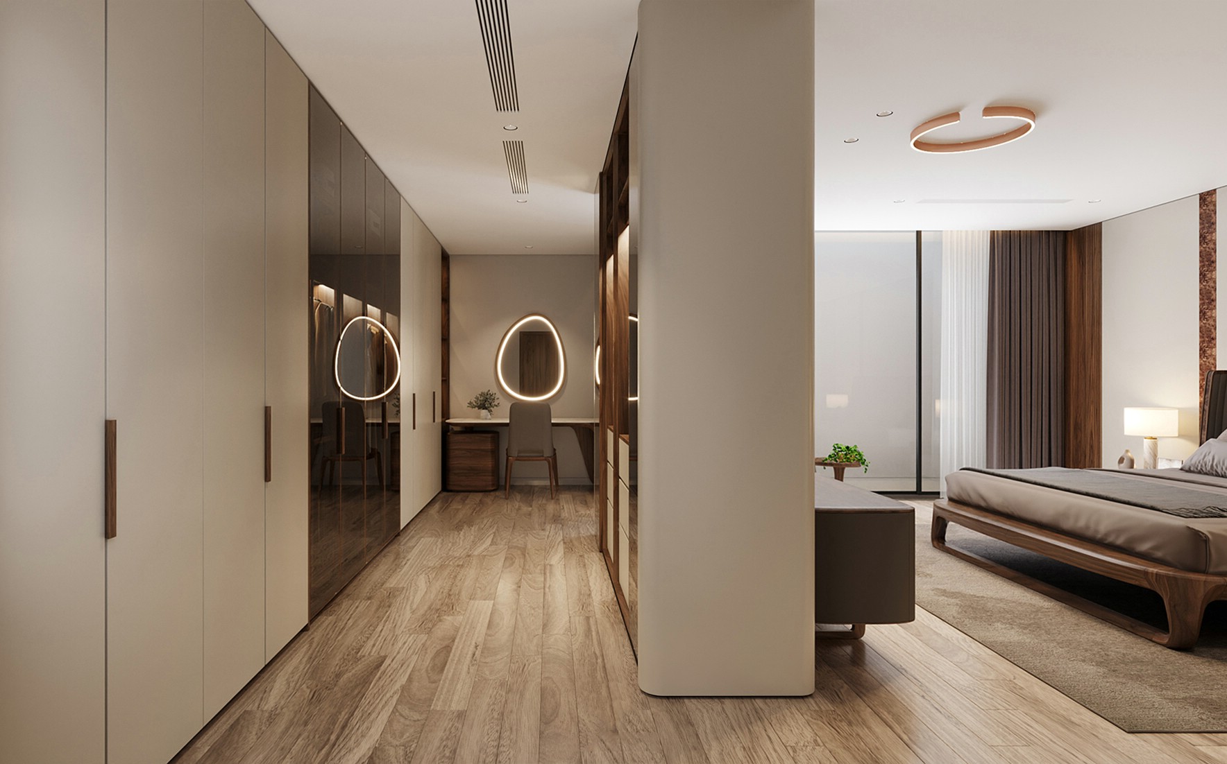 tủ áo gỗ công nghiệp MDF lõi xanh phủ veneer óc chó cánh kính tối màu hiện đại