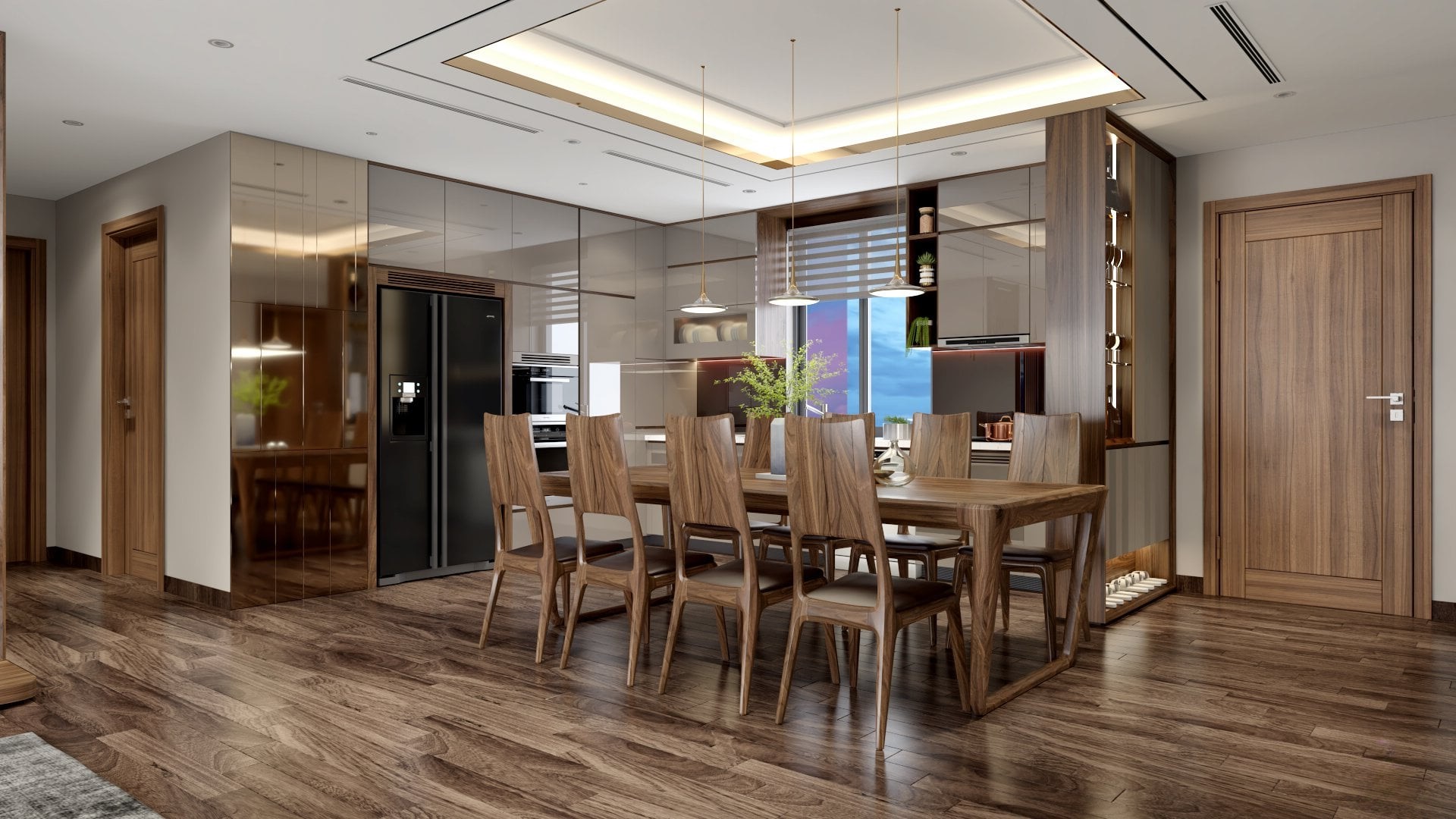 Tủ bếp chữ L cánh acrylic màu ghi đá, cao kịch trần, tích hợp tủ lạnh – lò nướng – lò vi sóng