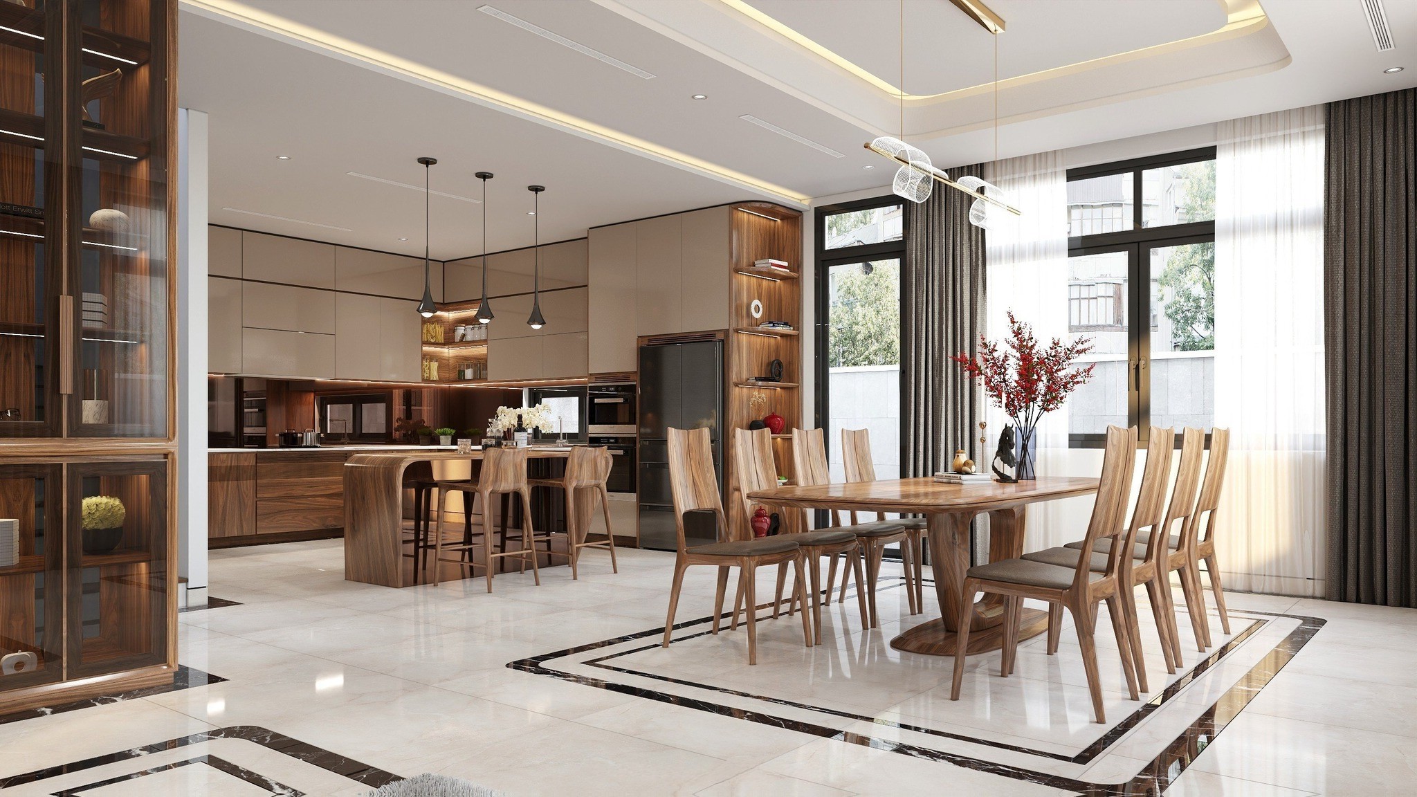 Tủ bếp cao cấp chữ L với tủ treo acrylic trắng và tủ dưới veneer giả óc chó