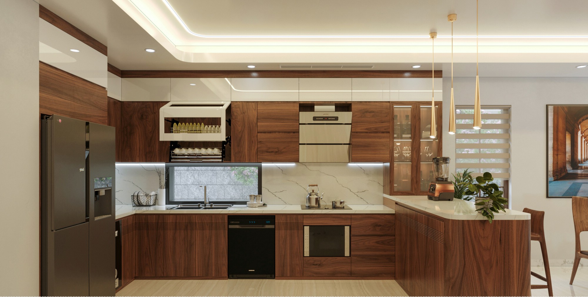 Tủ bếp chữ L kết hợp bàn đảo, chất liệu gỗ óc chó và MDF lõi xanh