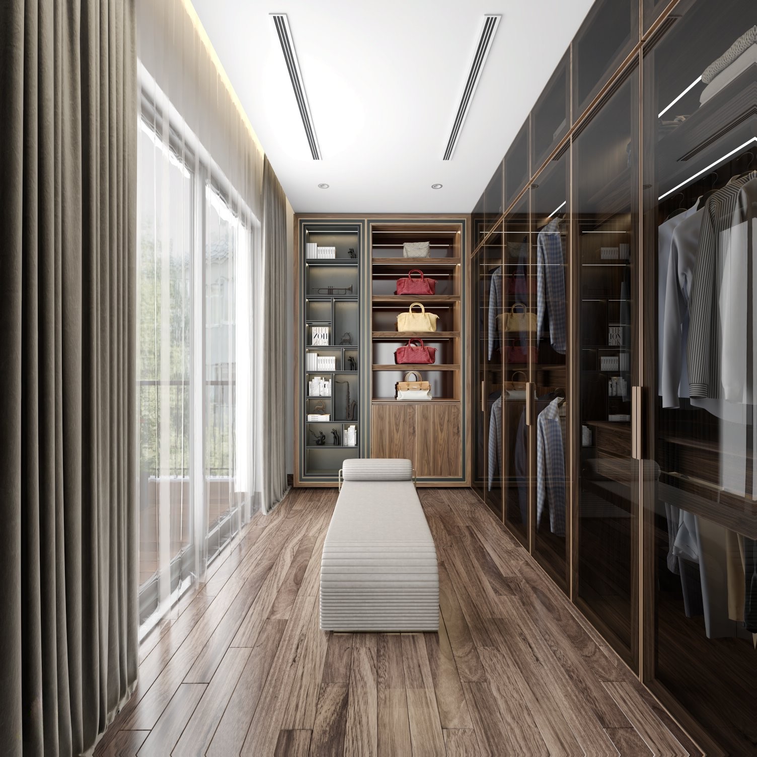 Tủ quần áo cao cấp cánh kính gỗ óc chó hiện đại sang trọng