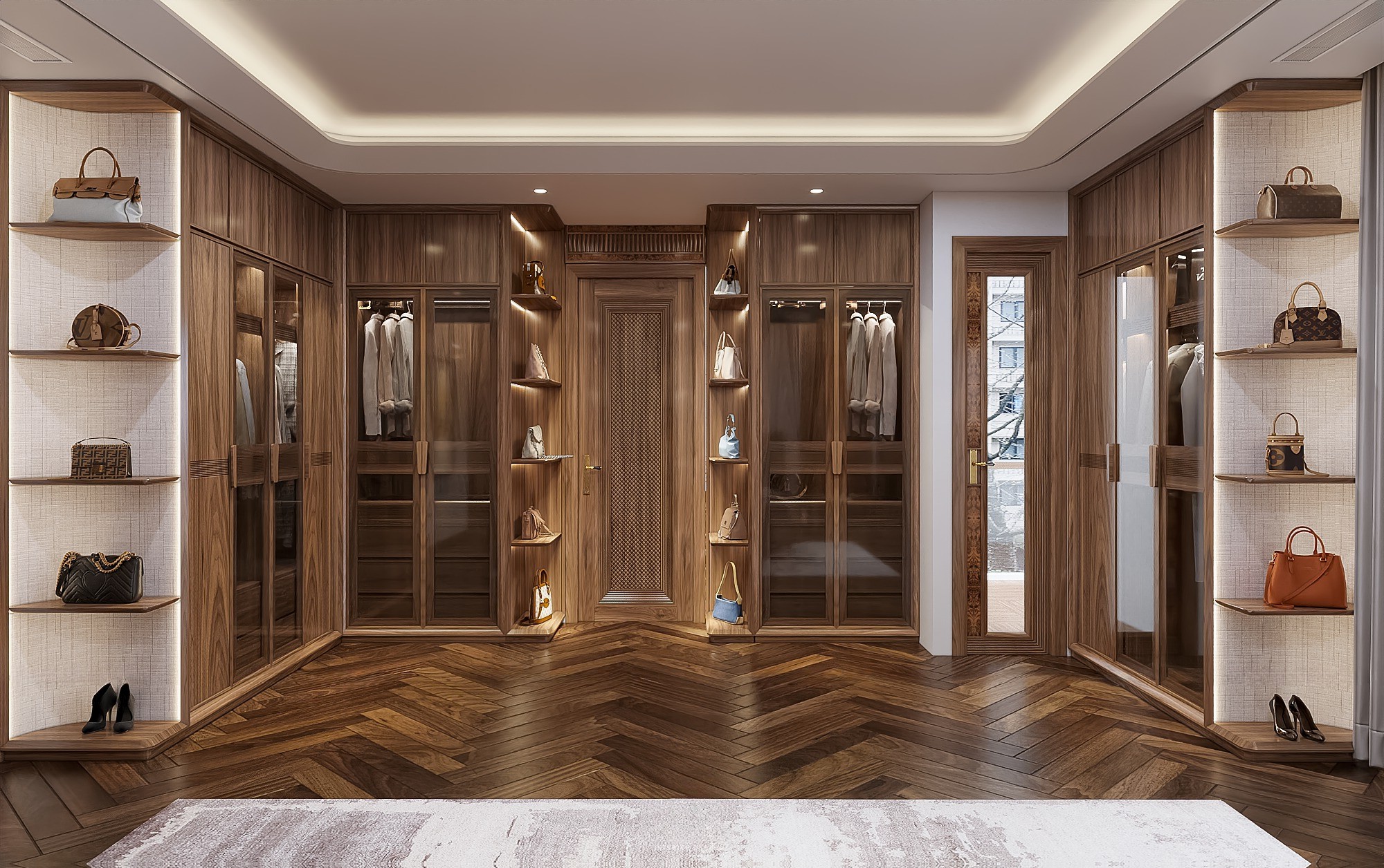 Tủ quần áo gỗ đẹp chữ L kịch trần với cánh kính và kệ trang trí túi xách