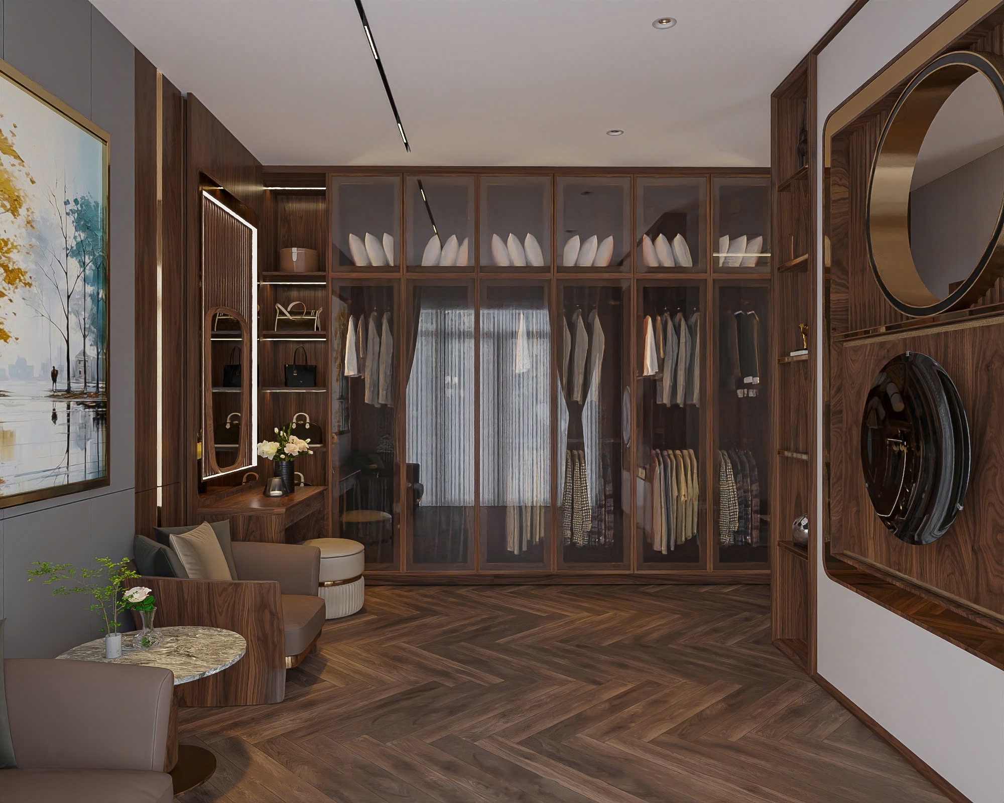 Tủ quần áo gỗ hiện đại 6 cánh cao kịch trần kết hợp bàn trang điểm