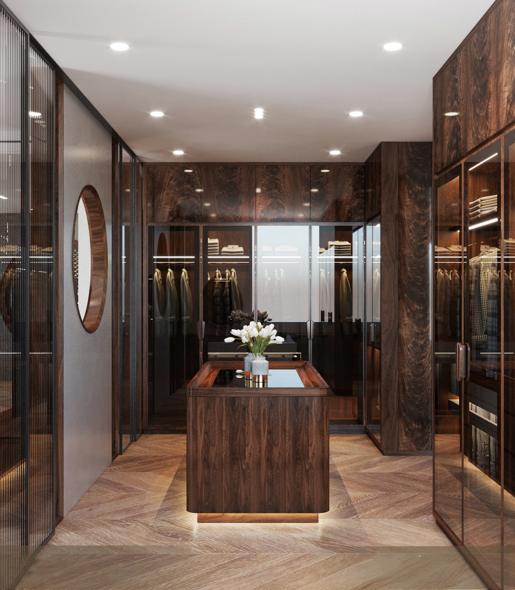 Tủ quần áo gỗ tự nhiên chữ L với cánh kính trong suốt và veneer nu nâu đen