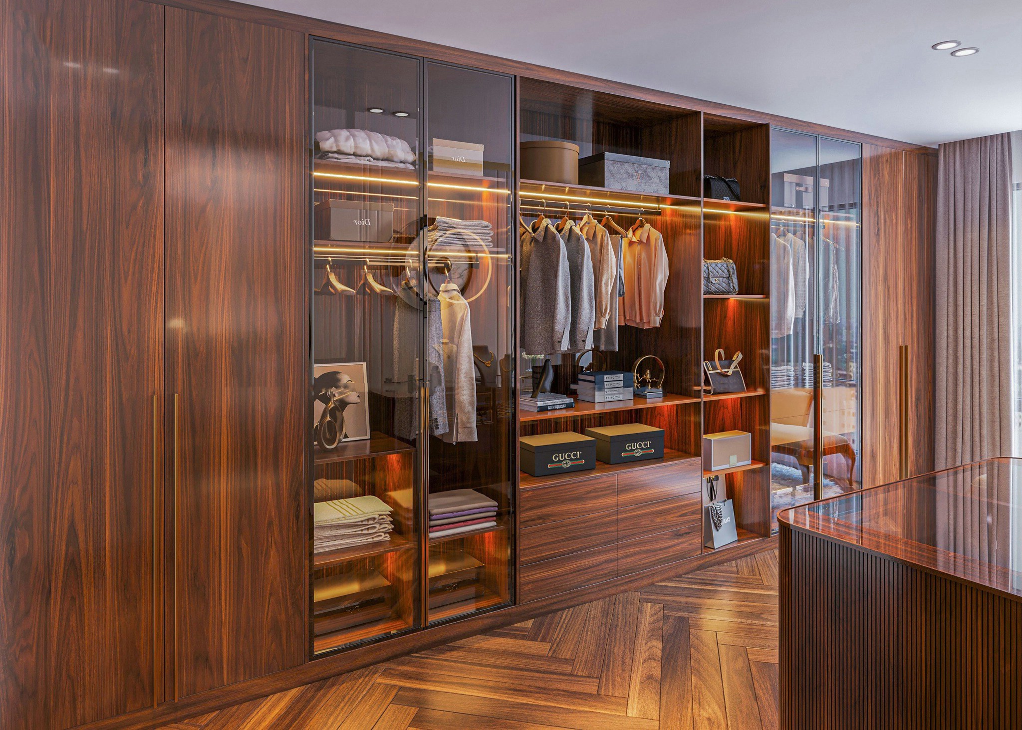 Tủ quần áo hiện đại sang trọng gỗ óc chó cao kịch trần với cánh kính và đèn LED