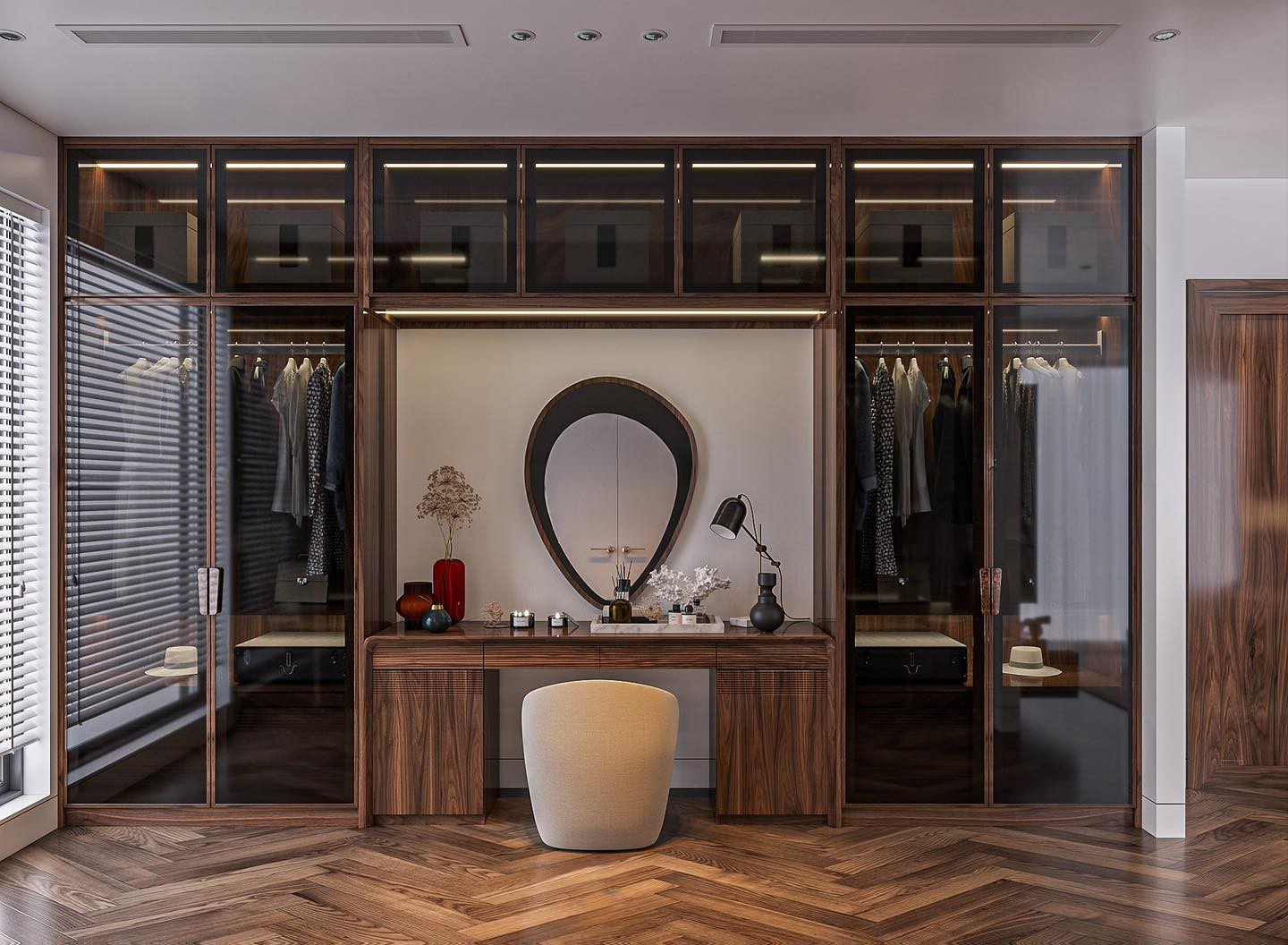 Tủ quần áo kết hợp bàn trang điểm gỗ óc chó sang trọng hiện đại