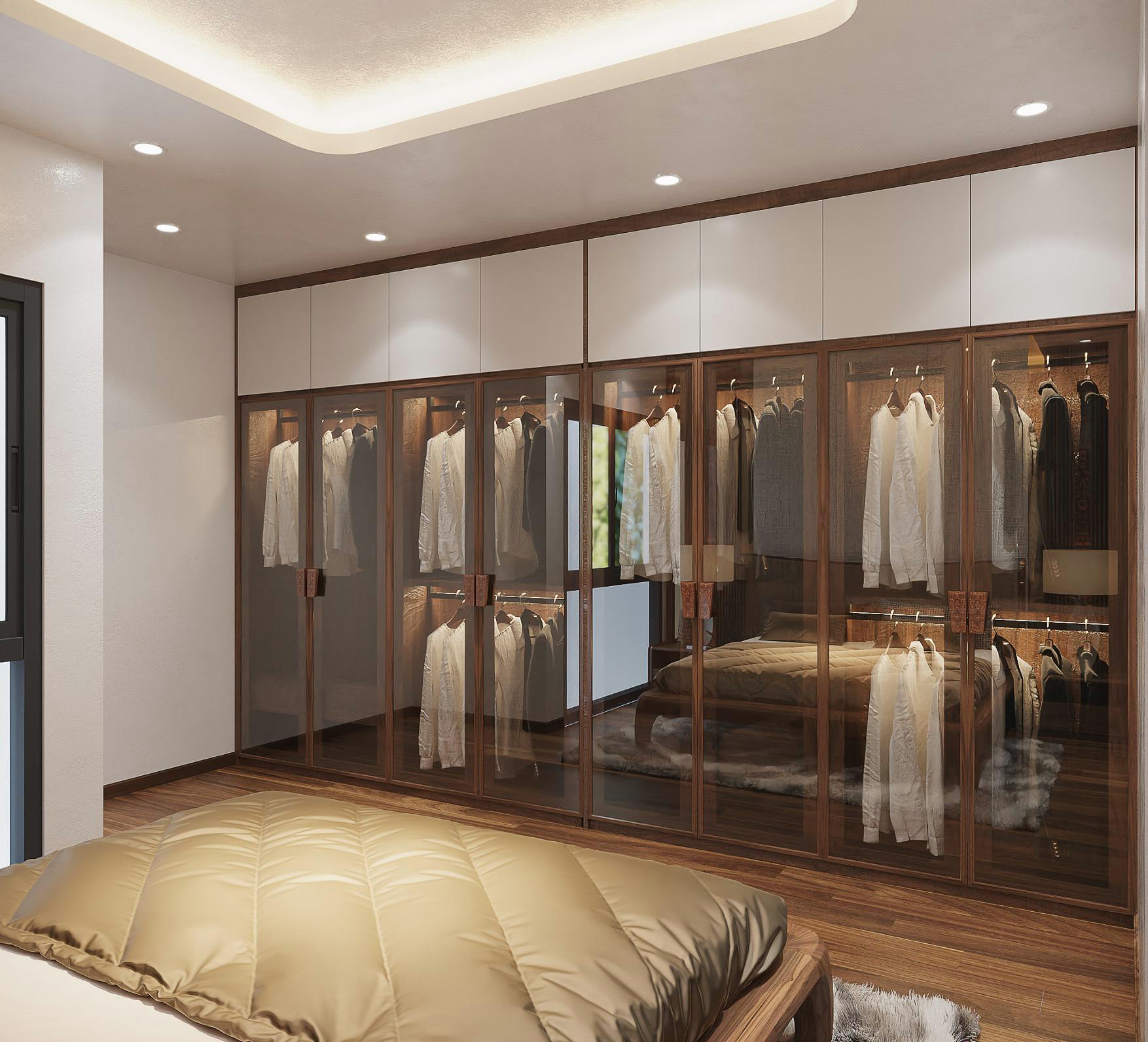 Tủ quần áo phòng ngủ hiện đại với cánh kính cường lực và hệ tủ trên acrylic trắng