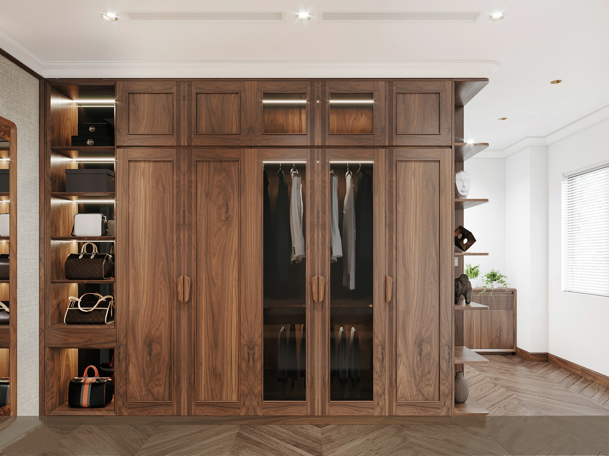 Tủ quần áo phòng ngủ chữ I gỗ óc chó hoặc gỗ sồi hiện đại