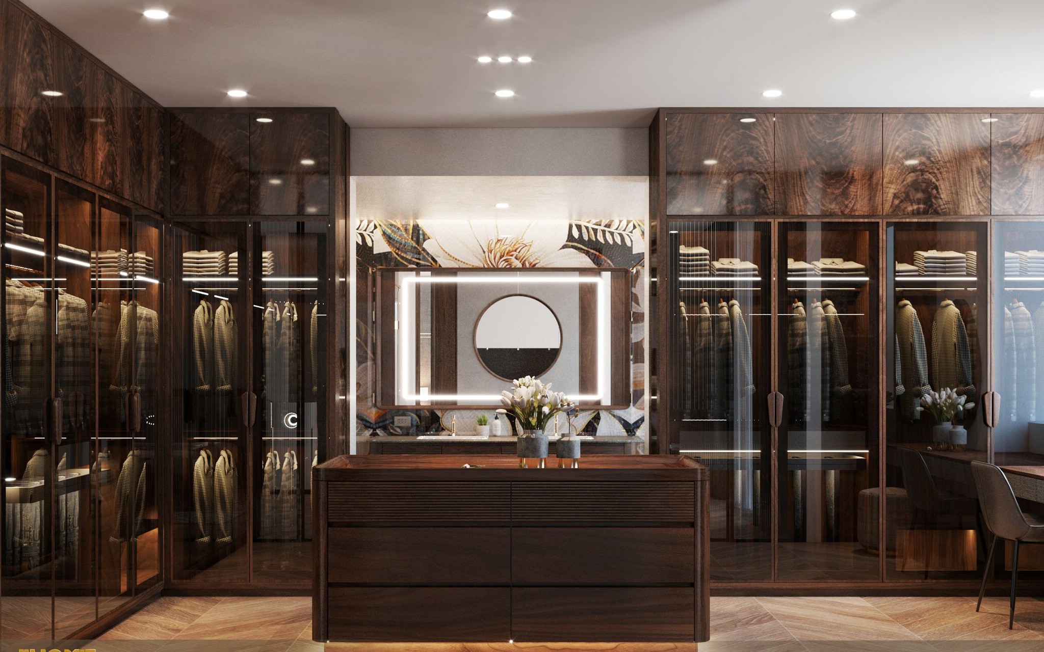 Tủ quần áo trong phòng ngủ hiện đại chữ L và chữ I với cánh gỗ veneer nu và kính cường lực