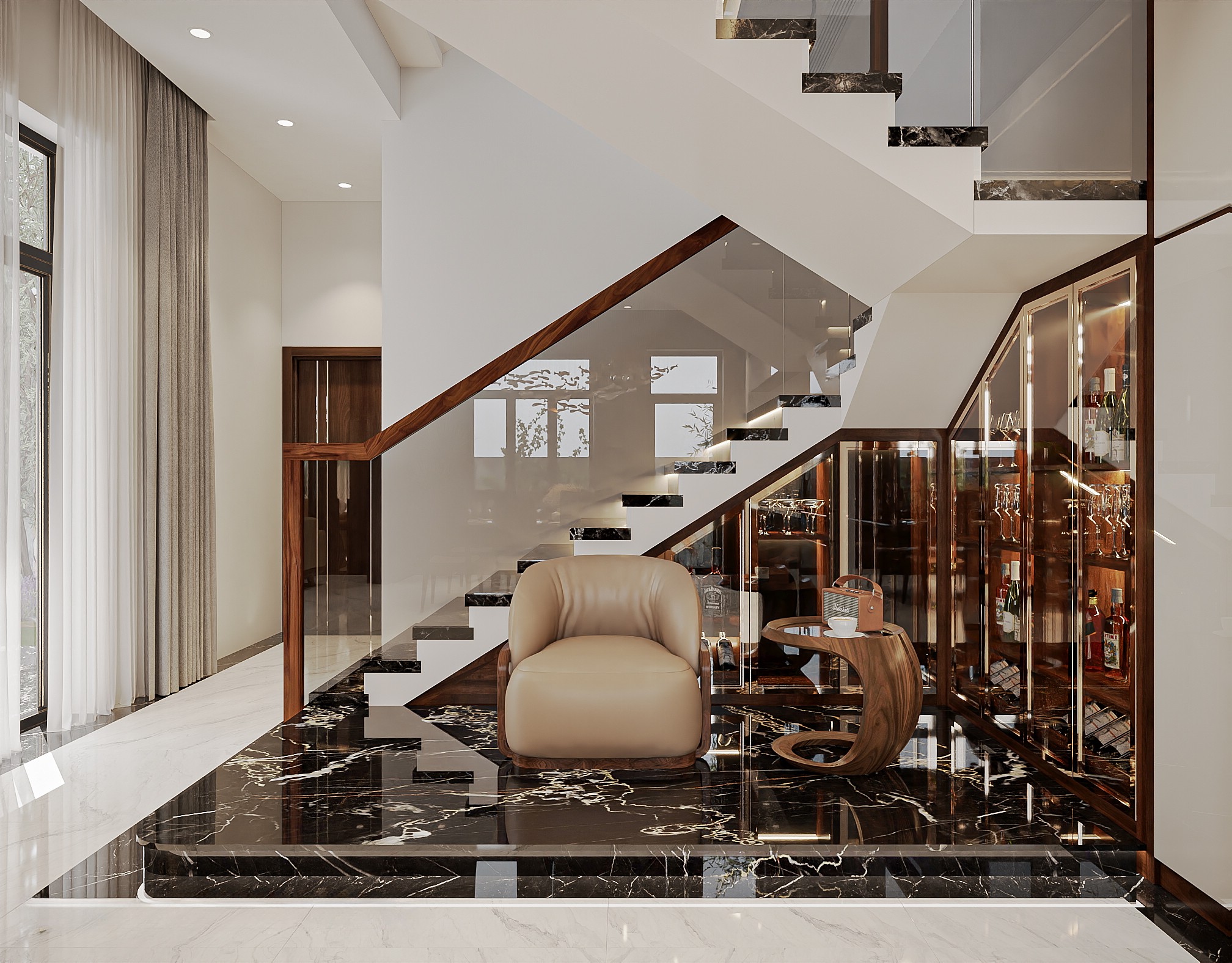 tủ rượu cánh kính âm tường góc chữ L phủ veneer óc chó nâu đậm khung kim loại mạ vàng