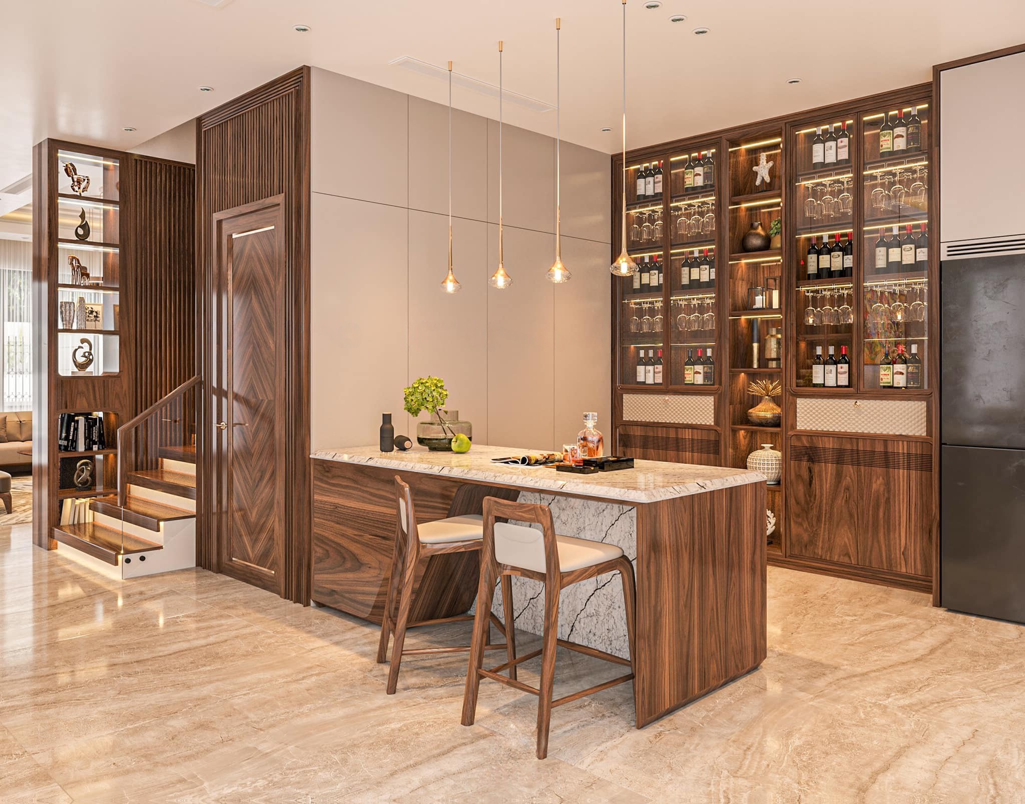 Tủ rượu gỗ đẹp cao kịch trần gỗ óc chó với cánh kính và đèn LED âm tủ