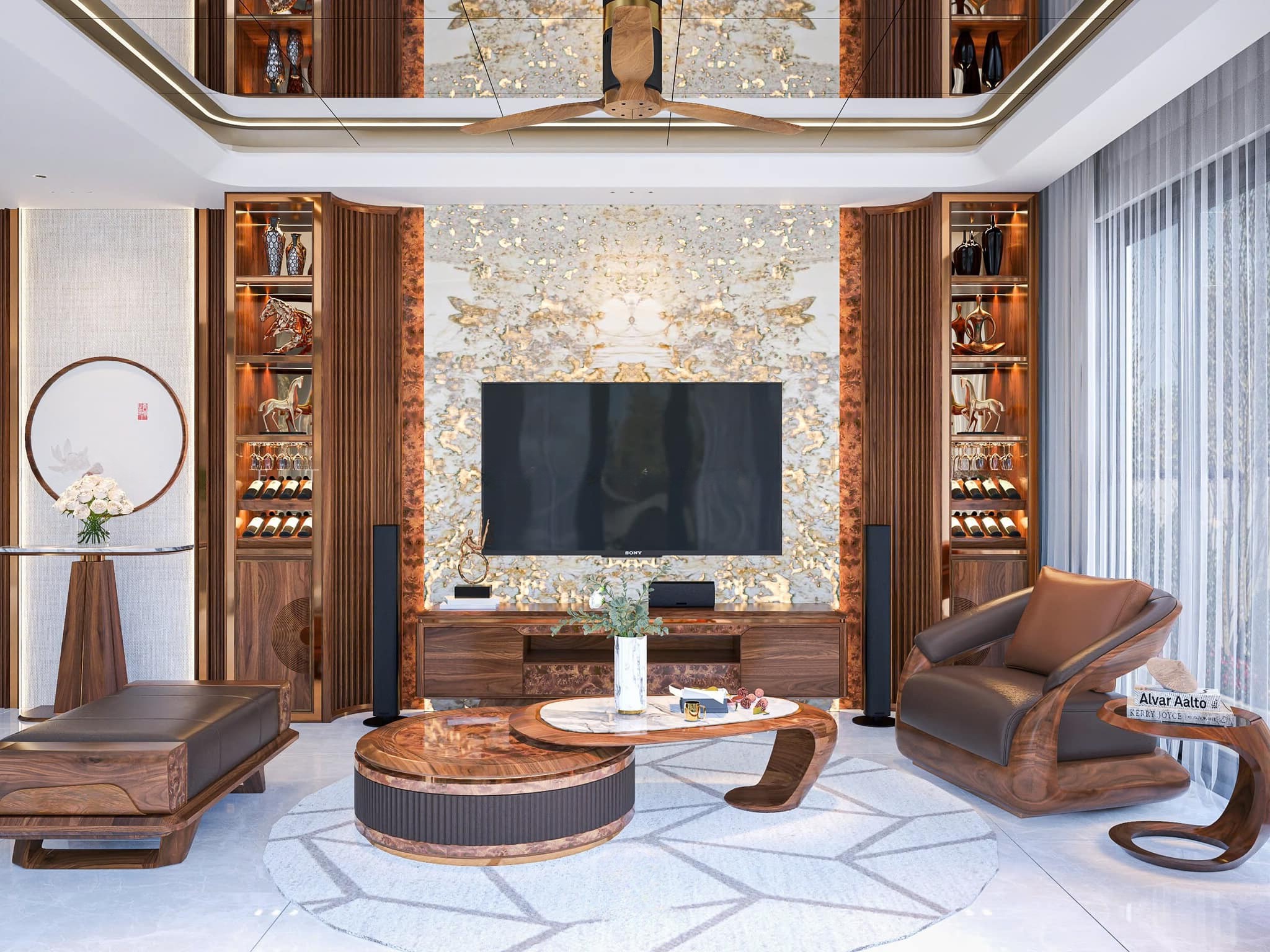 Tủ rượu gỗ tự nhiên chữ I cao kịch trần viền mạ vàng và lam sóng vòm cung