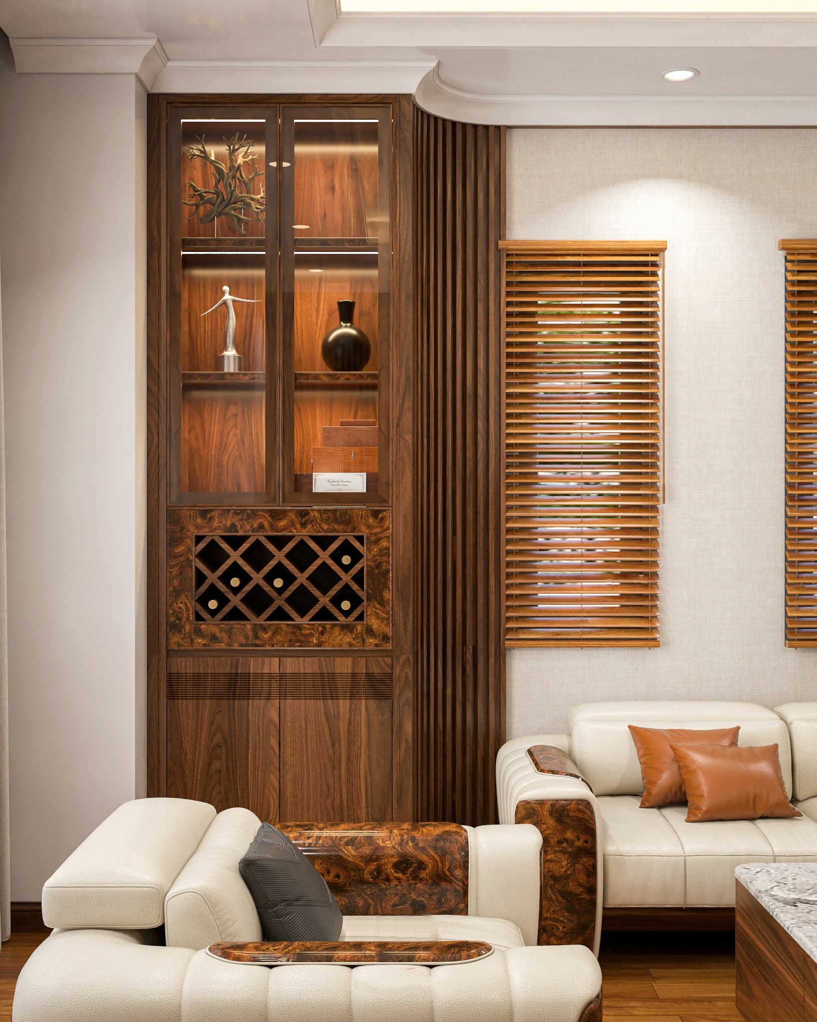 Tủ rượu góc tường hiện đại với cánh kính cường lực và khung veneer nu