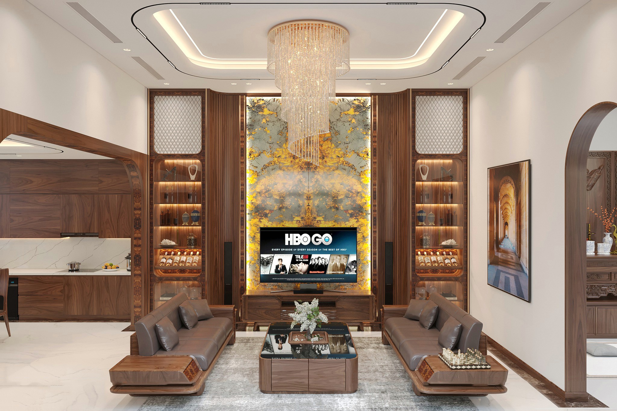 Tủ tivi kết hợp tủ rượu hiện đại gỗ óc chó cao cấp với cánh kính trong suốt