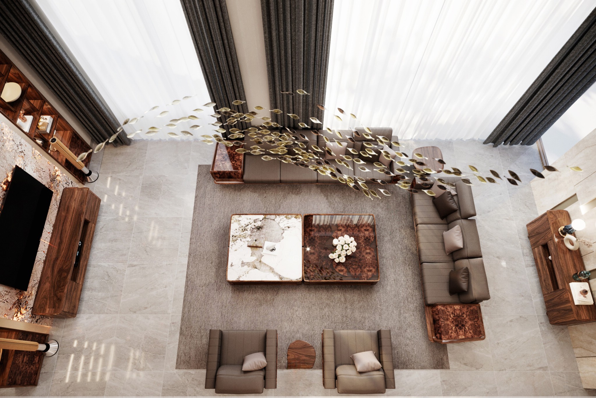Thiết kế phòng khách gỗ óc chó thông tầng với sofa và kệ tivi sang trọng