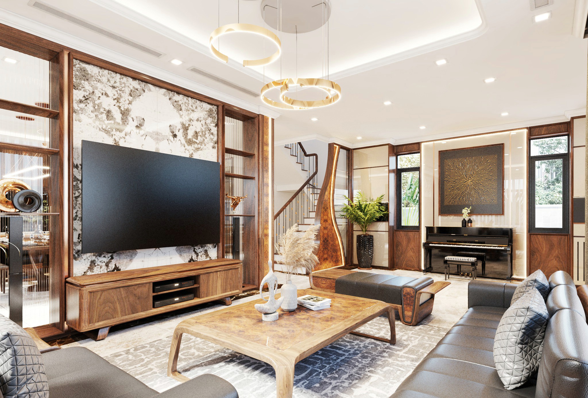 Vách ngăn kệ tivi đẹp hiện đại cho phòng khách