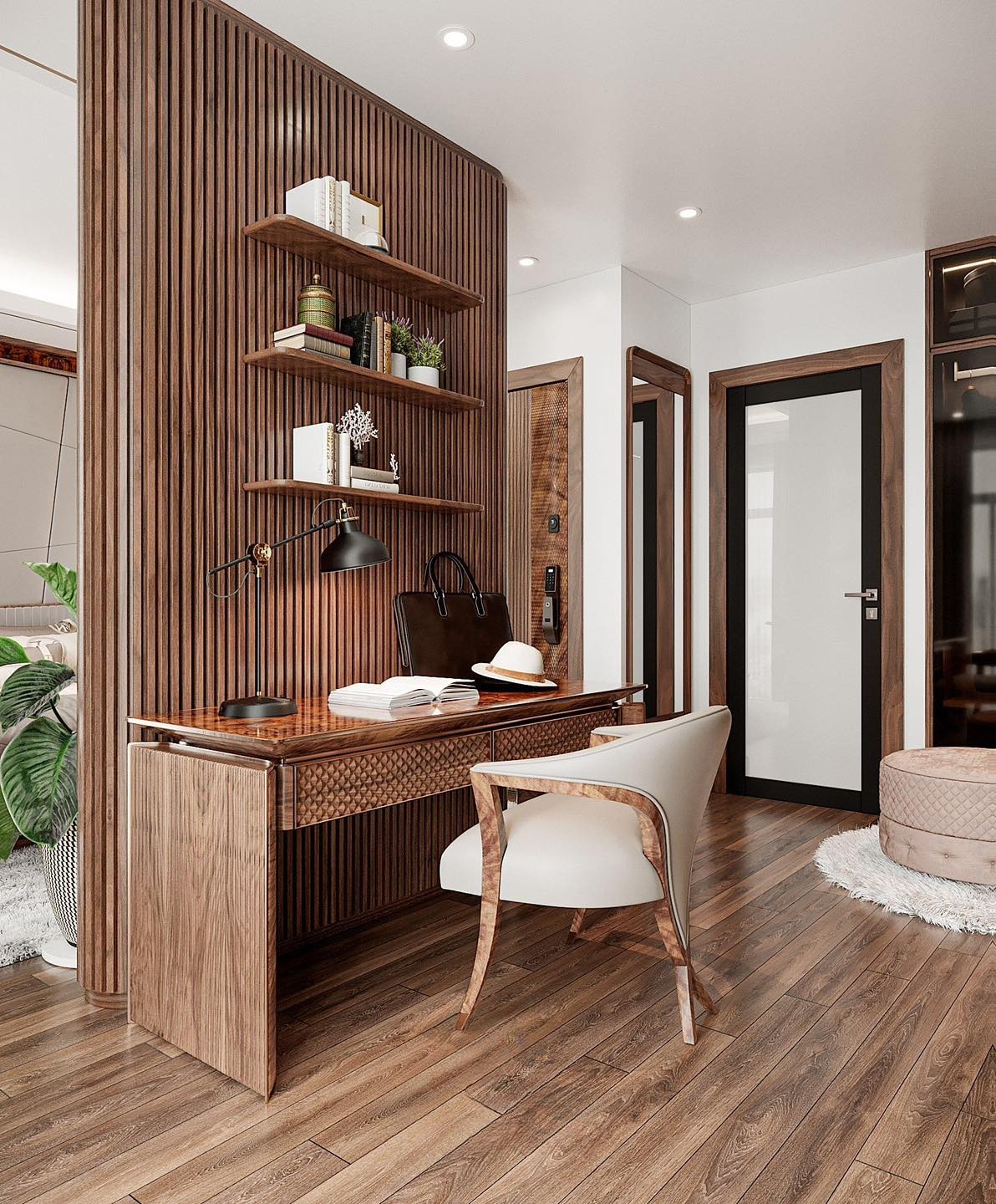 Vách ngăn phòng bằng gỗ MDF laminate nâu trầm kết hợp bàn làm việc và kệ trang trí