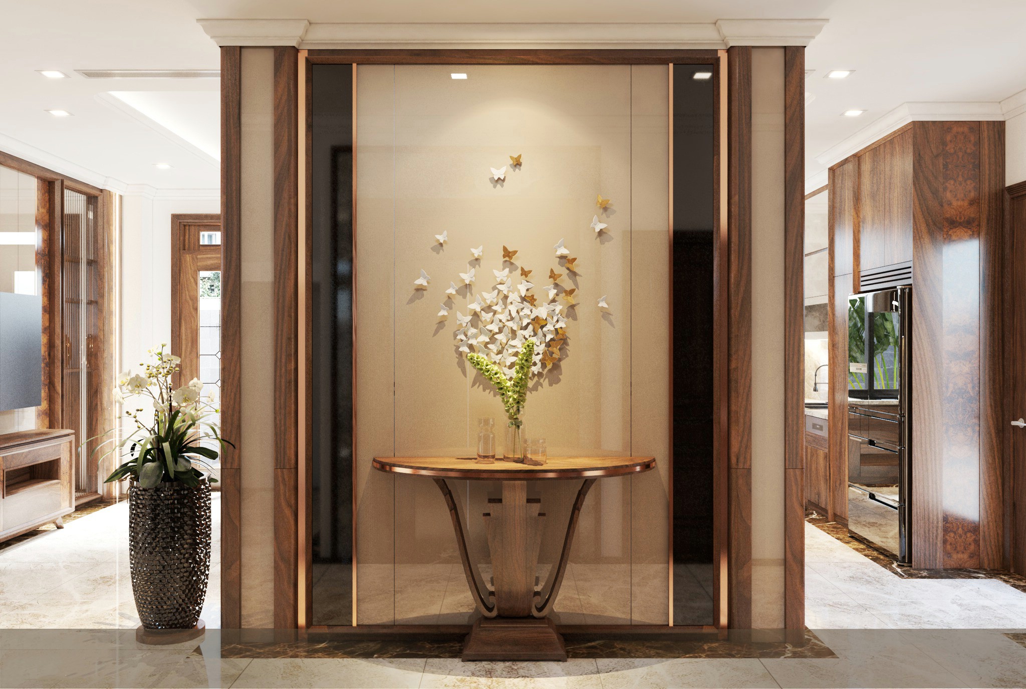 Vách ngăn phòng khách bếp cao kịch trần với ốp kính và viền kim loại mạ vàng đồng