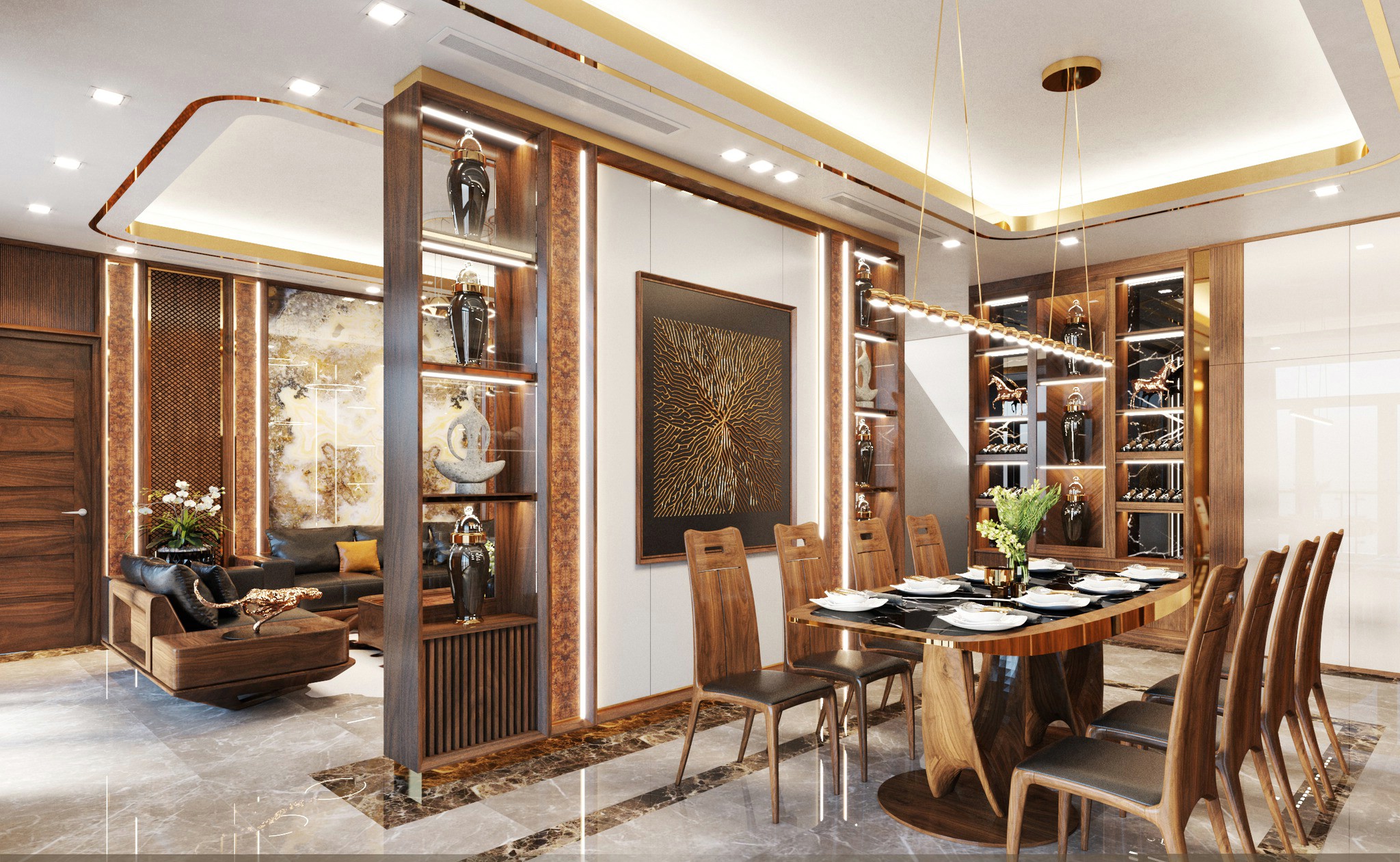 Vách ngăn phòng khách bán mở với kệ trang trí 6 tầng, tấm ốp MDF viền gỗ nu, khung veneer óc chó